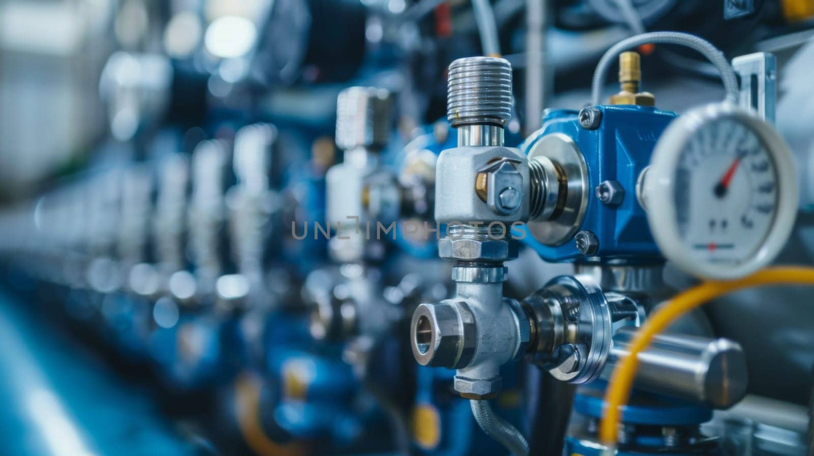 A close up of a bunch of valves and gauges on the wall