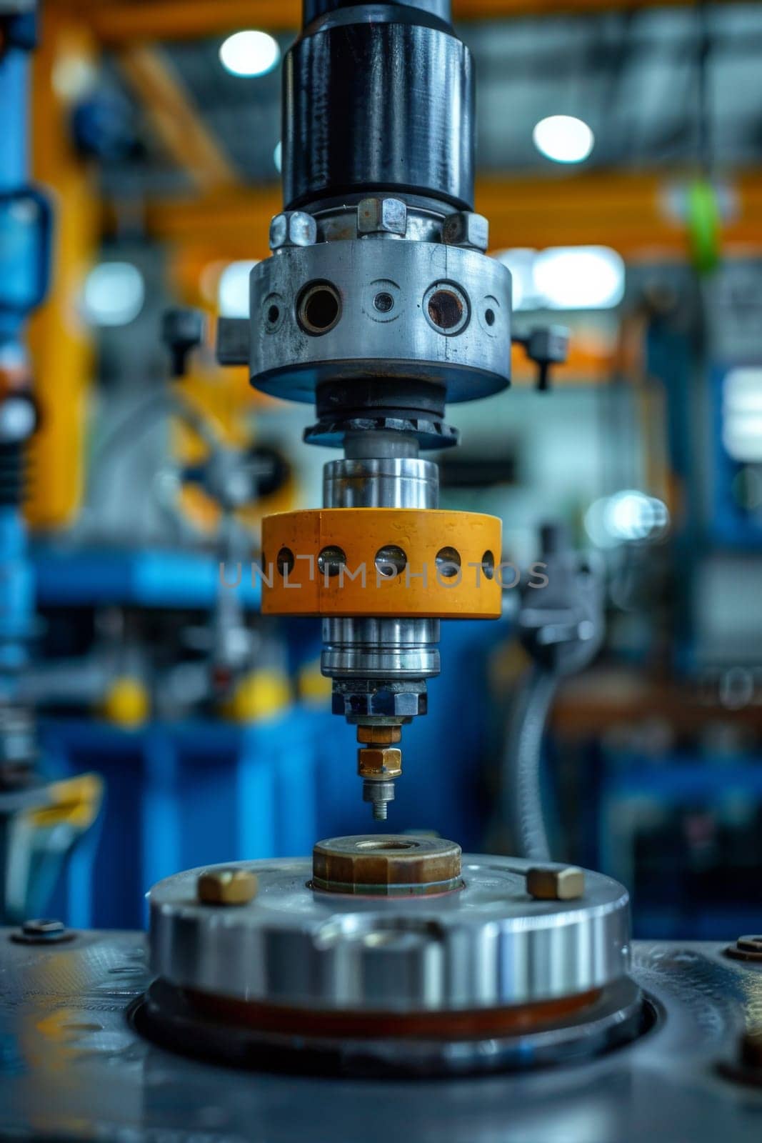 A machine that is turning a metal object in the middle of an assembly line