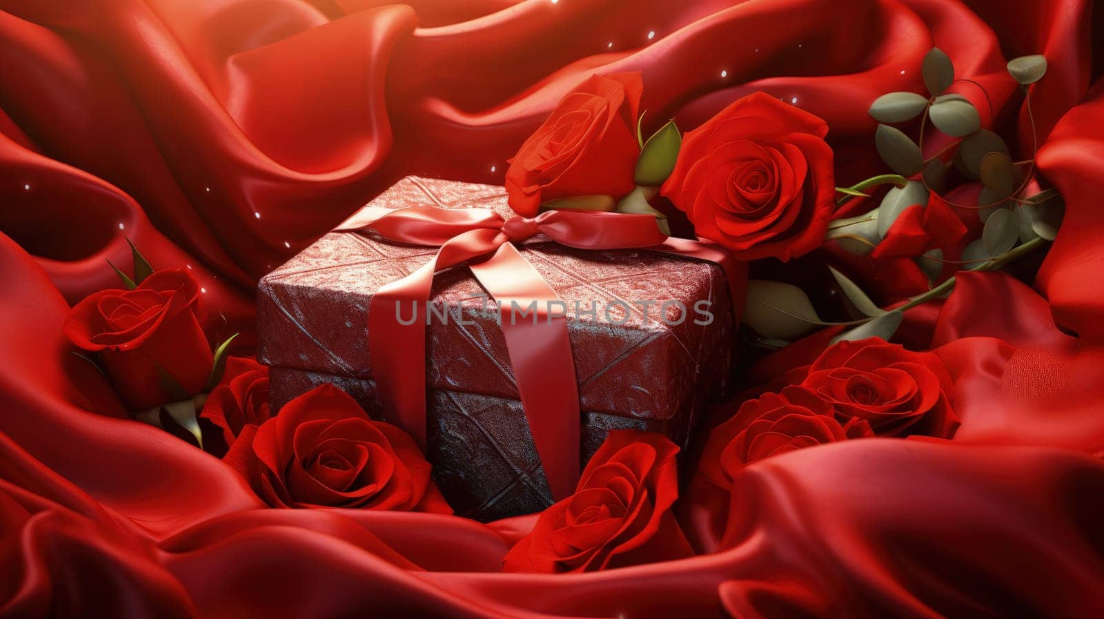 A luxurious gift box wrapped in vibrant red silk, nestled in a bed of velvety red roses, soft petals scattering around, creating an enchanting Valentine's Day ambiance