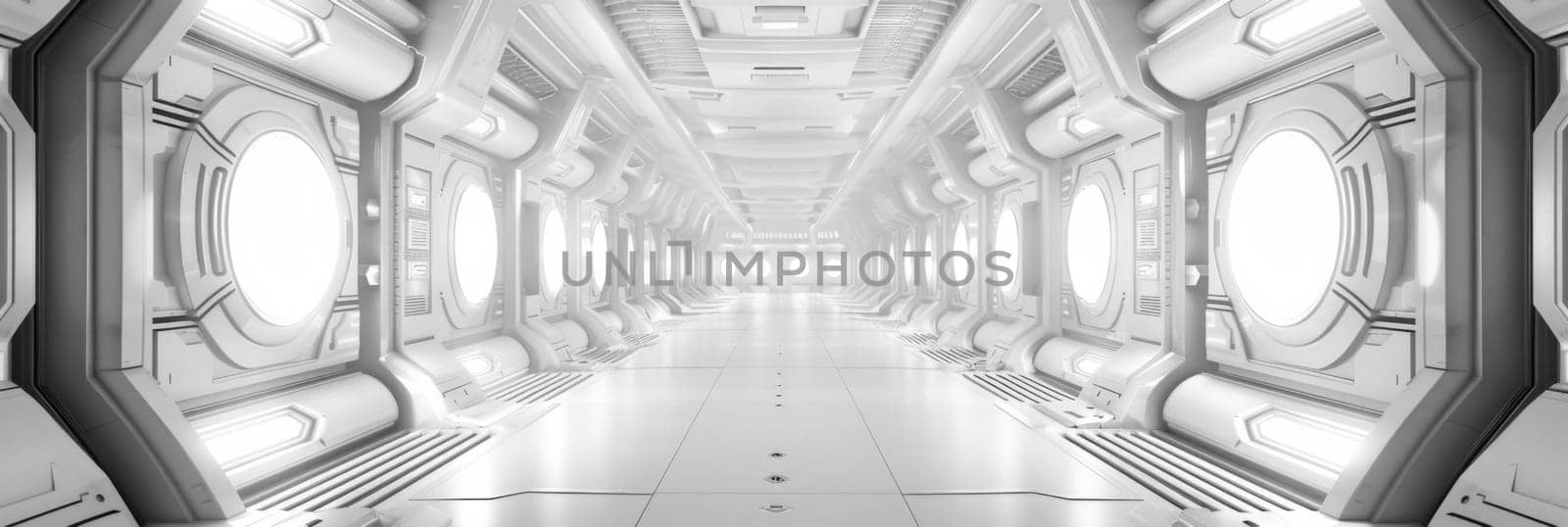 A futuristic white hallway with circular lights and windows