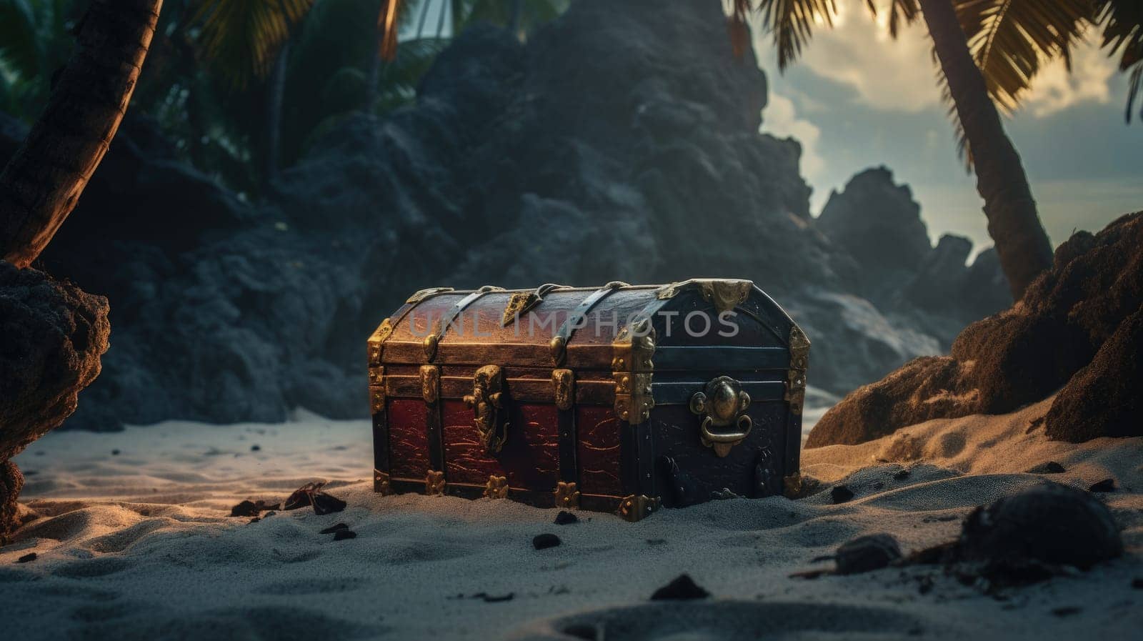 A pirate treasure chest, partially buried in a sands of a deserted island