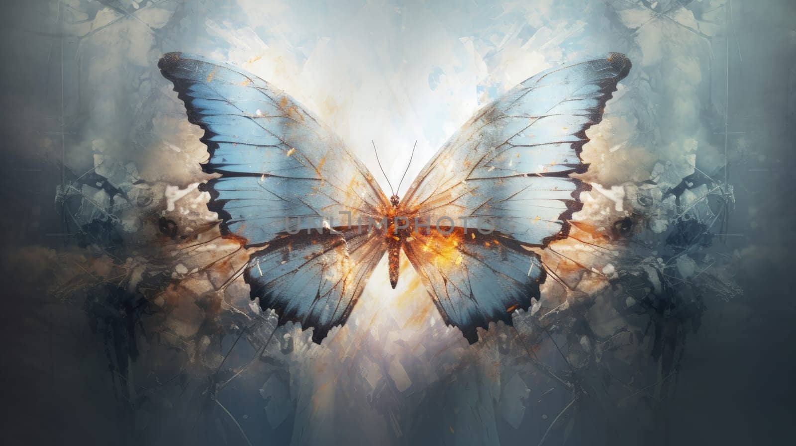 A butterfly depicted in a dissolved style, its a delicate wings and form seemingly blending into an ethereal and abstract atmosphere by Kadula