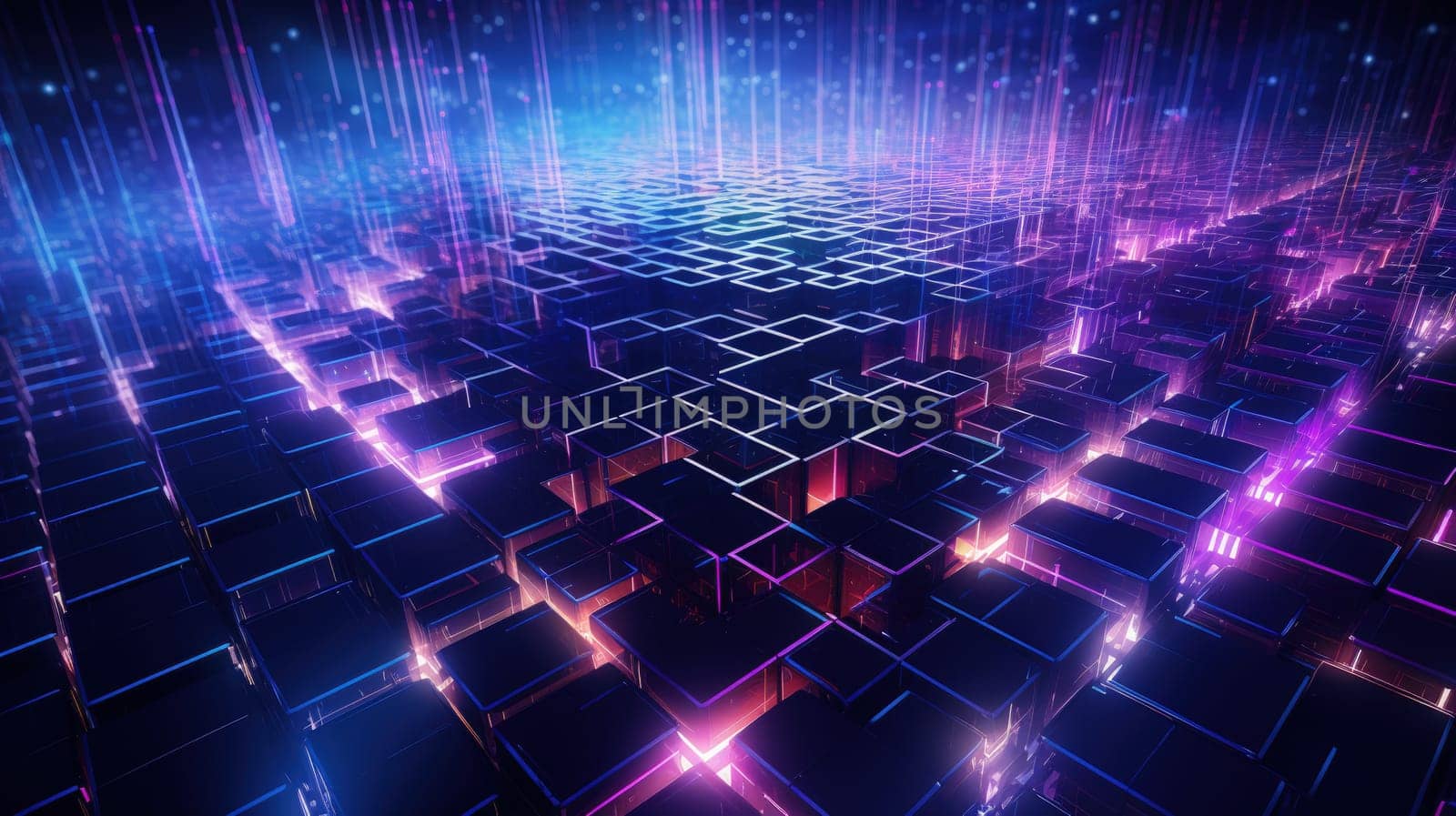 A futuristic crypto web rendered in 3D digital illustration, featuring cascading geometric patterns of interconnected blockchain nodes by Kadula
