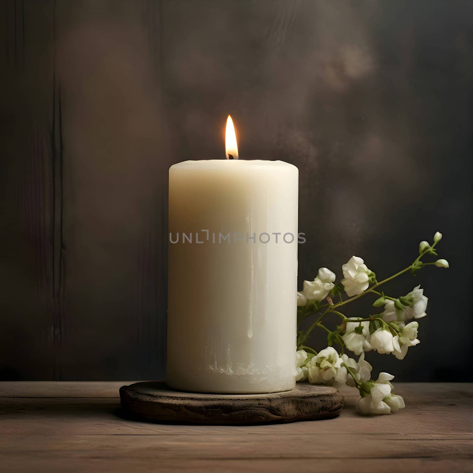 Lit candle with small white flowers, dark background, side view. by ThemesS