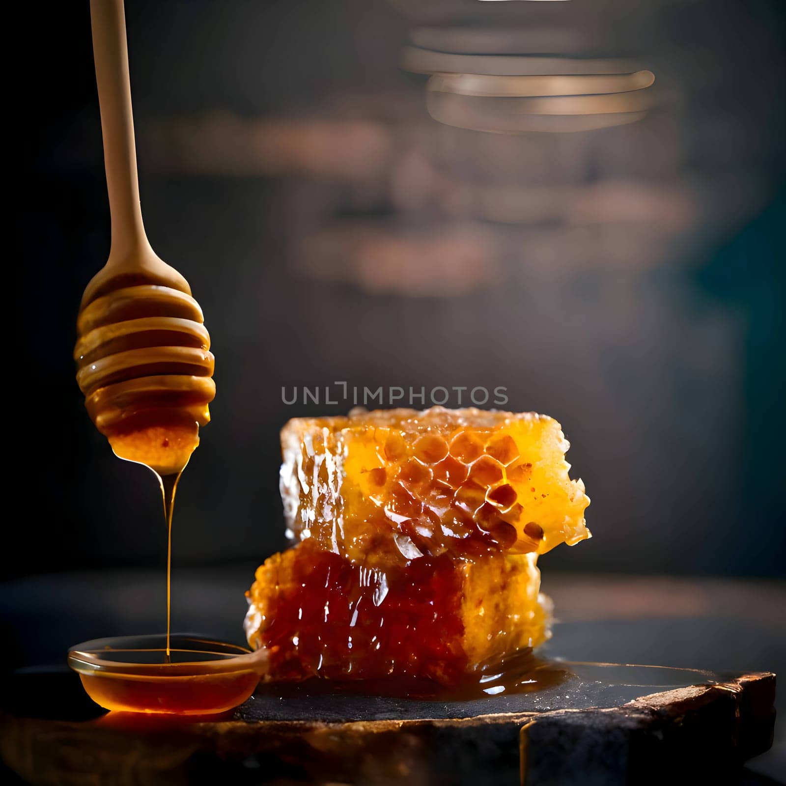 Honey drips enticingly from a stick, with two honeycombs nearby, creating a sweet and appetizing scene.