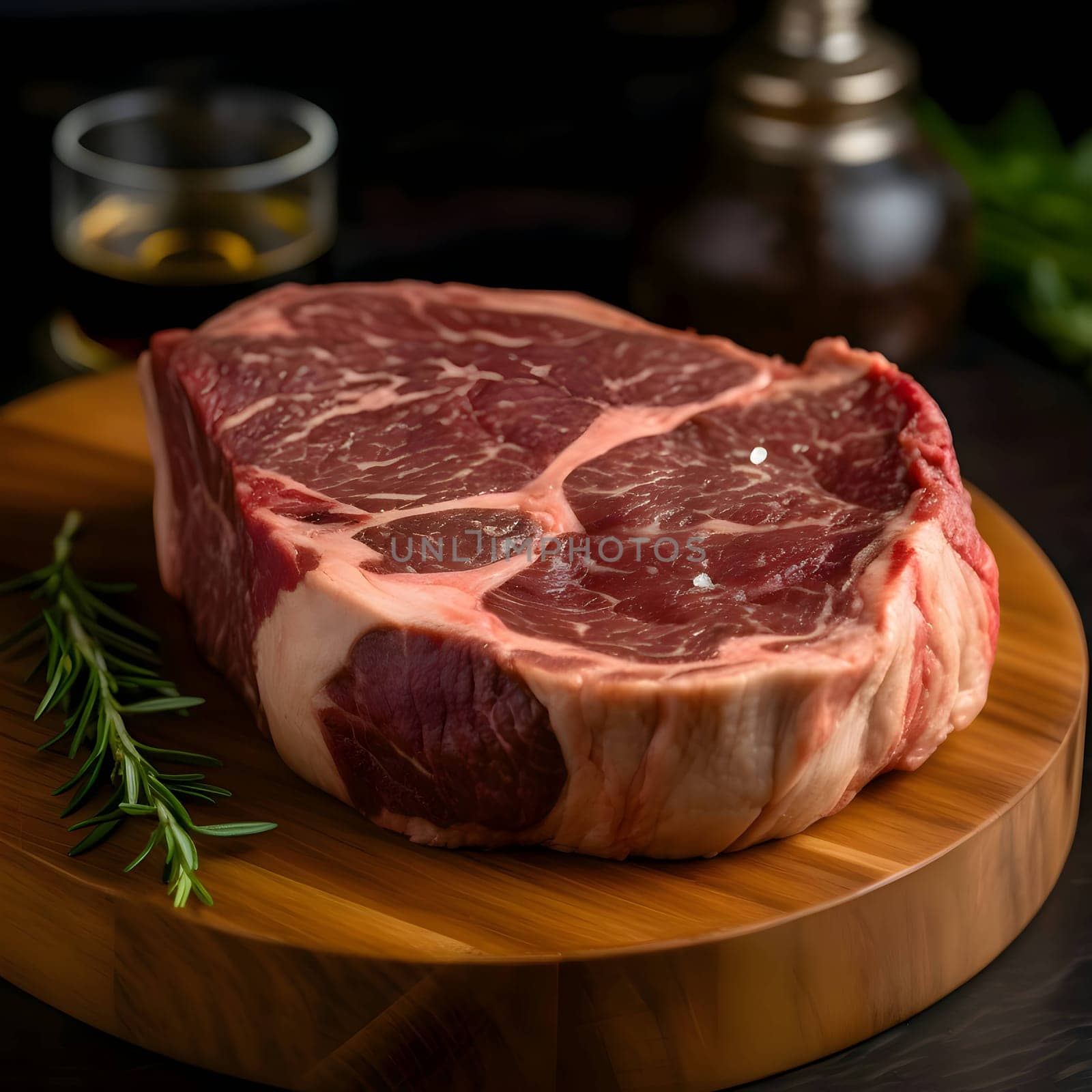 Raw beef steak with rosemary on a circular wooden board, blurred background. by ThemesS