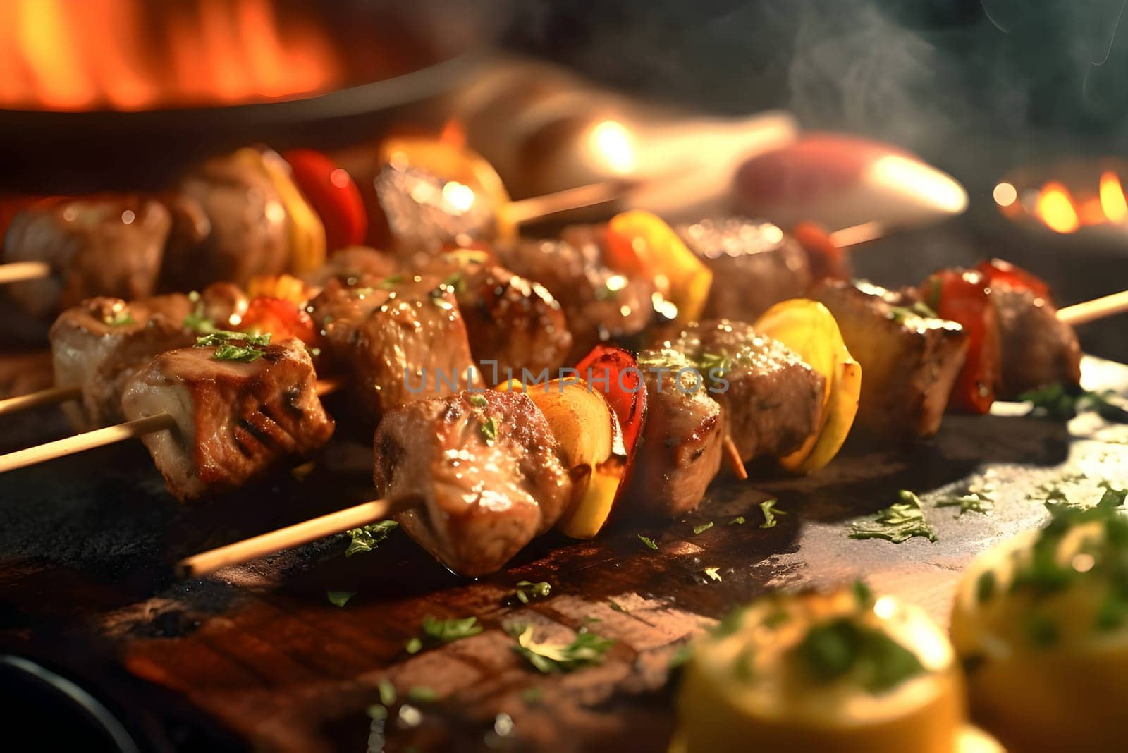 Shish kebab on the grill, grilled meat with vegetables, shashlik kebab on skewers wooden kitchen board by ThemesS