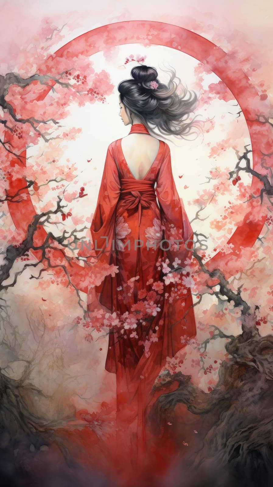 A geisha adorned in a vibrant red kimono, bathed in the warm hues of a celestial redshift