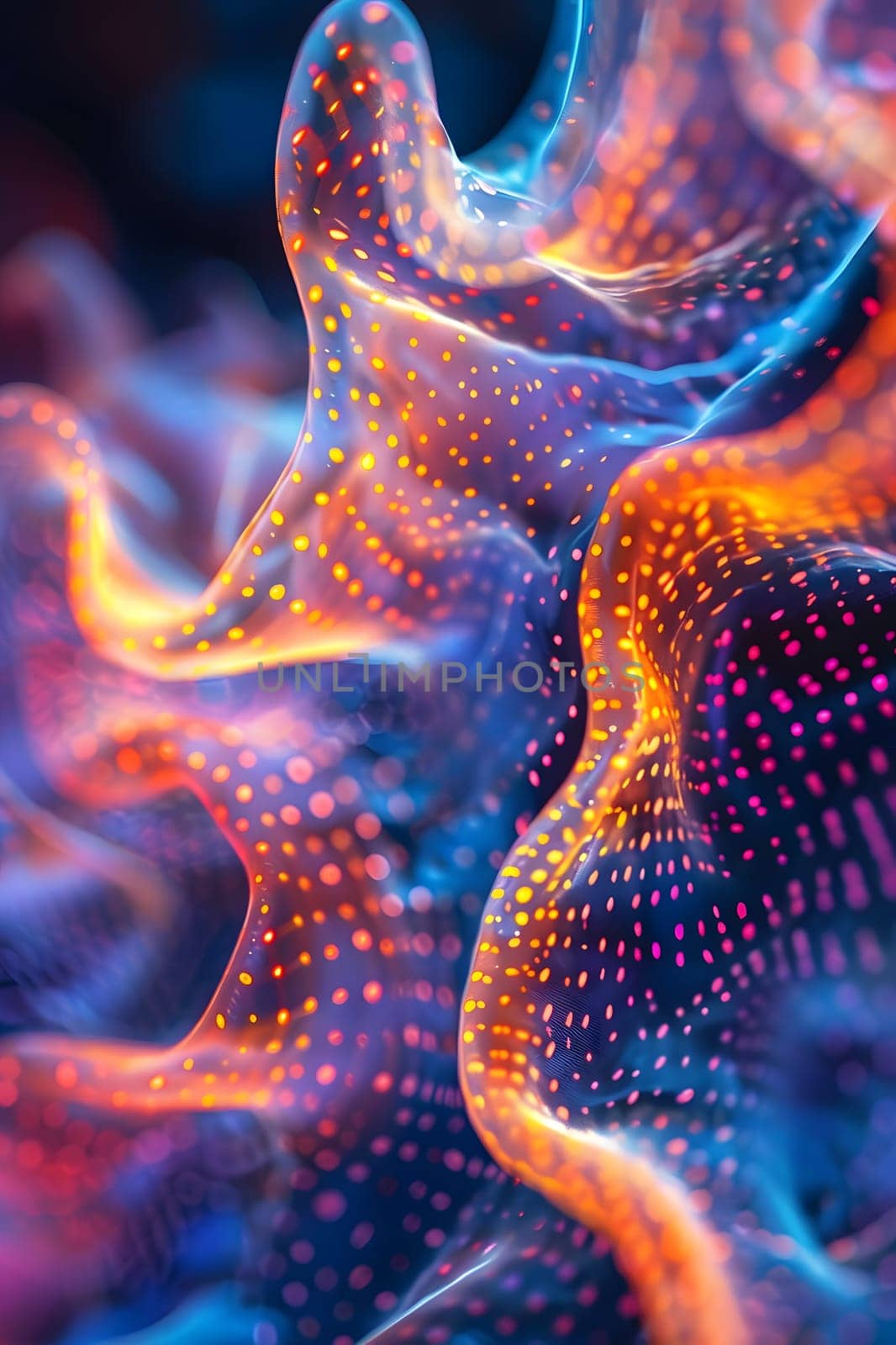 An artistic close up of a vibrant abstract background featuring a colorful pattern of purple, orange, electric blue, and magenta dots and waves resembling a reef or invertebrate underwater
