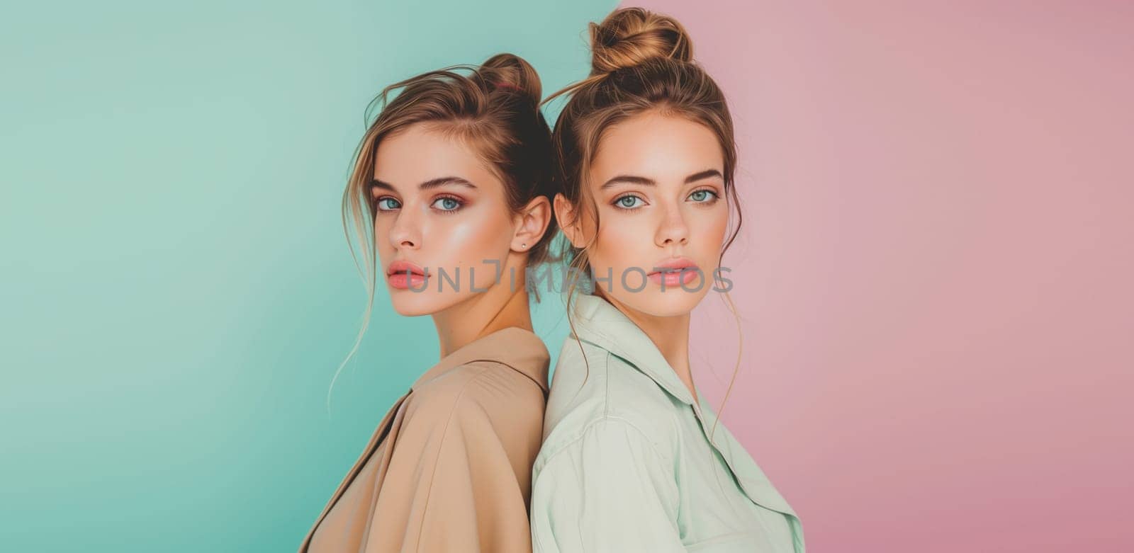 Fashionable portrait of stylish beautiful young two women models posing on colorful pastel pink blue studio background