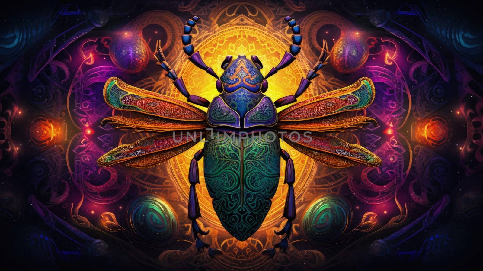 A close-up illustration of a scarab beetle with a colorful abstract background