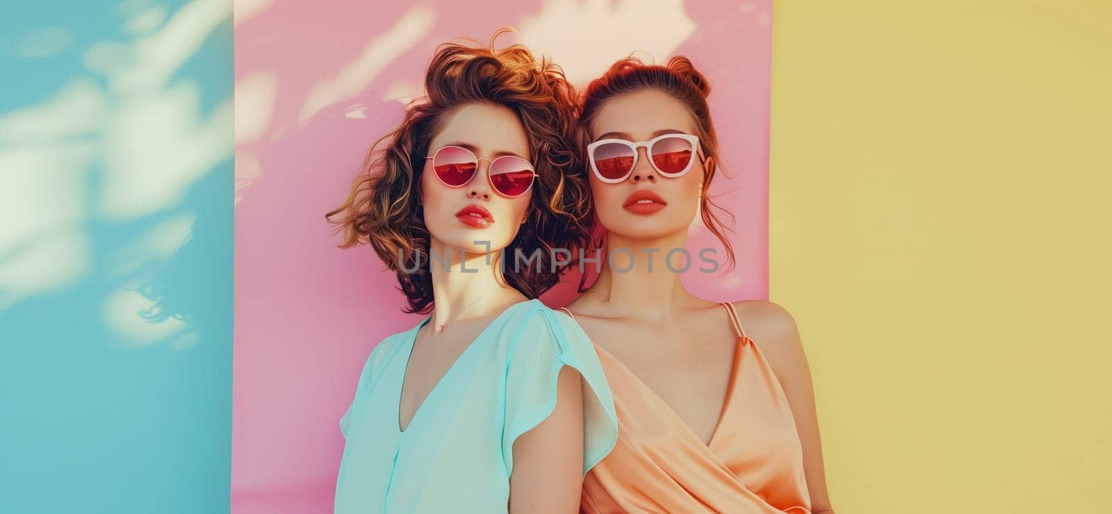 Fashionable portrait of stylish beautiful young two women models in sunglasses posing on colorful pastel pink blue studio background