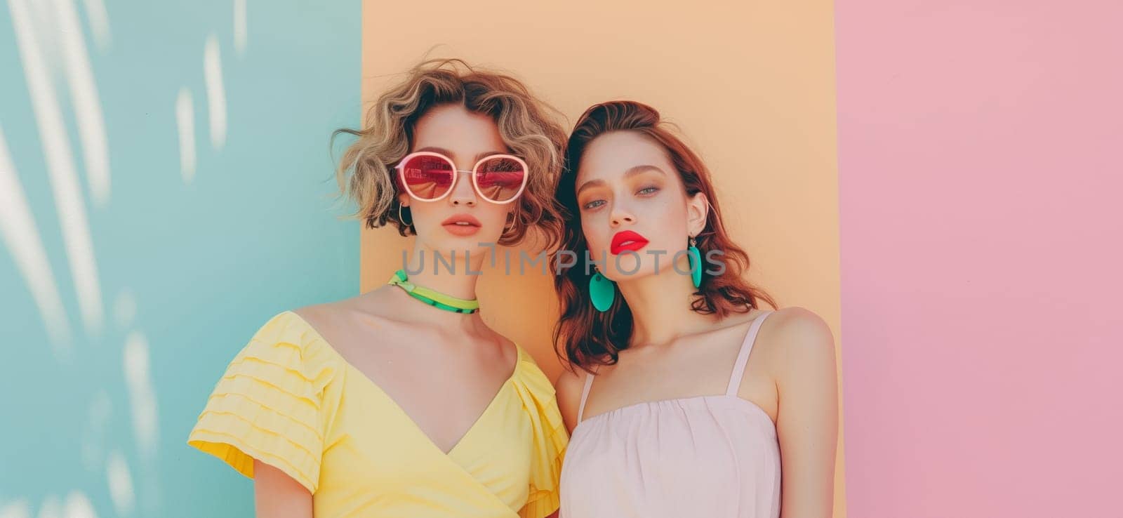 Fashionable portrait of stylish beautiful young two women models in sunglasses posing on colorful pastel pink blue studio background