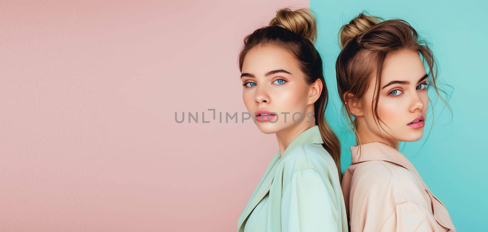 Fashionable portrait of stylish beautiful young two women models posing on colorful pastel pink blue studio background