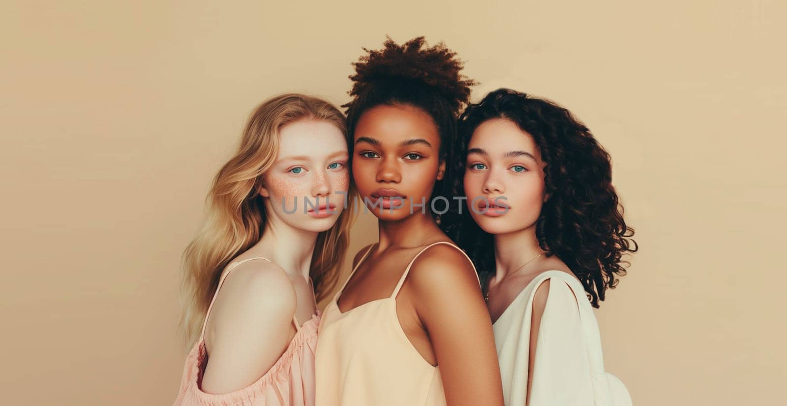 Group of beautiful stylish multiethnic young women together, three diverse models posing on soft pastel studio background