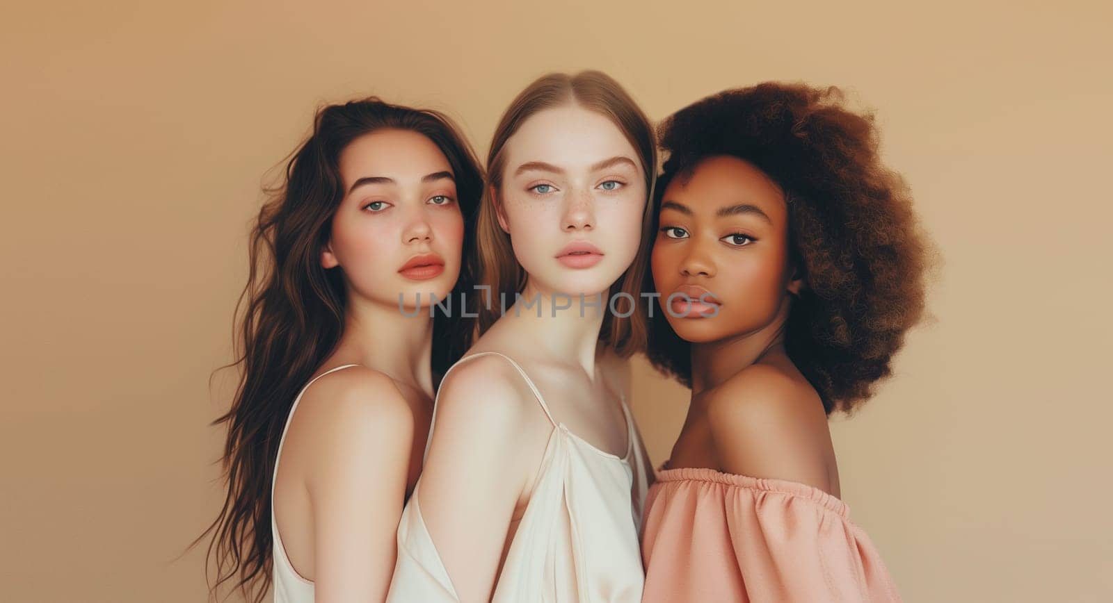 Group of beautiful stylish multiethnic young women together, three diverse models posing on soft pastel studio background