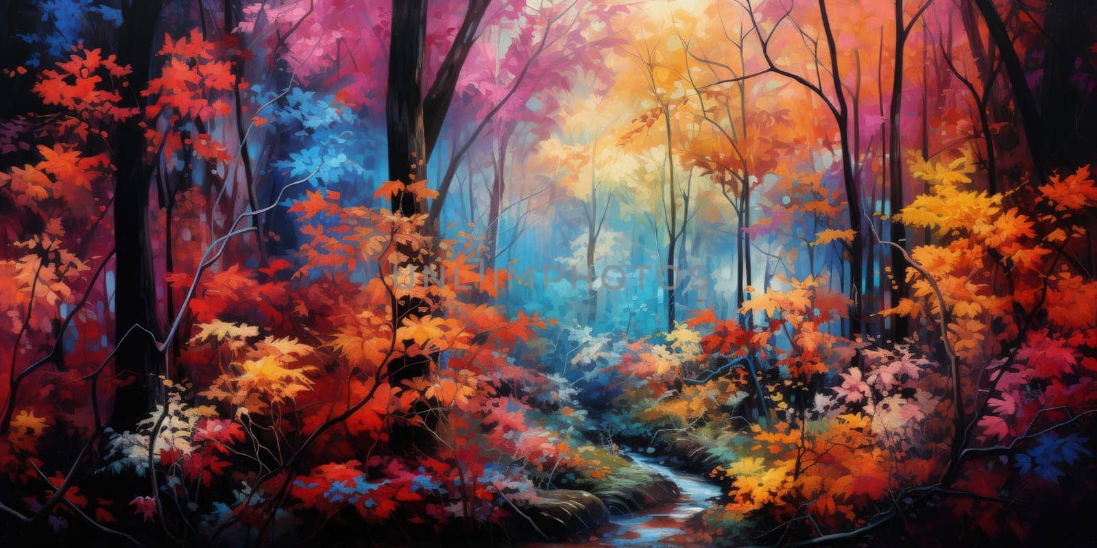 A dense forest enveloped in an acid wash of vivid colors, foliage appearing as if painted with fluorescent hues by Kadula