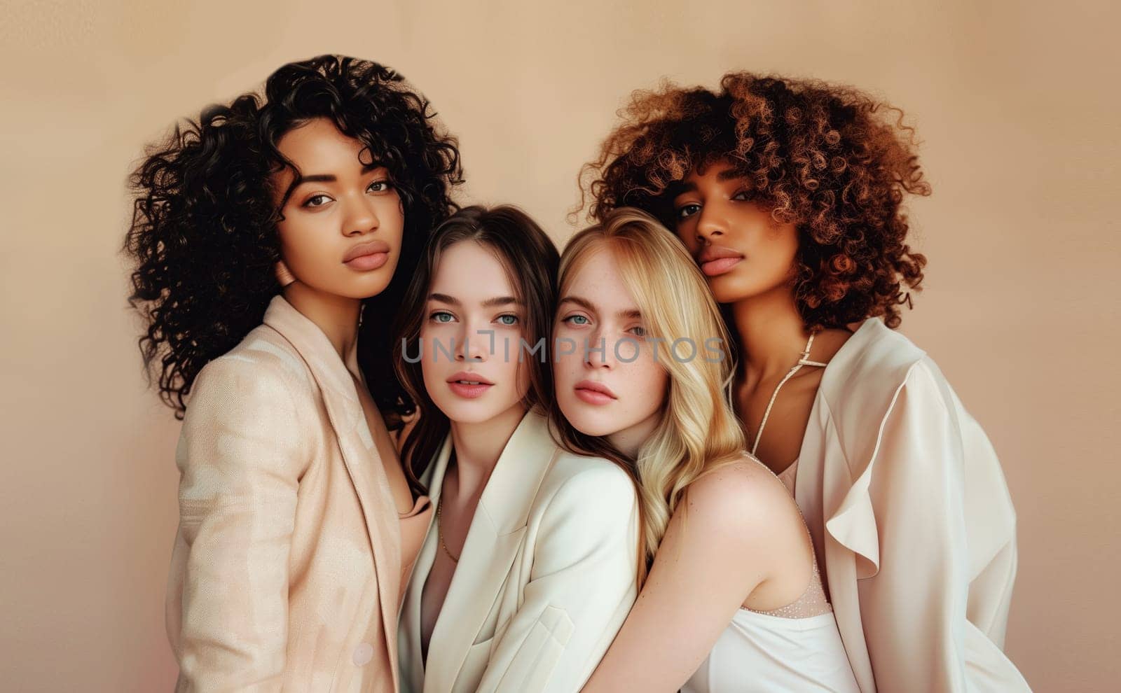 Group of beautiful stylish multiethnic young women together, four diverse models posing on soft pastel studio background