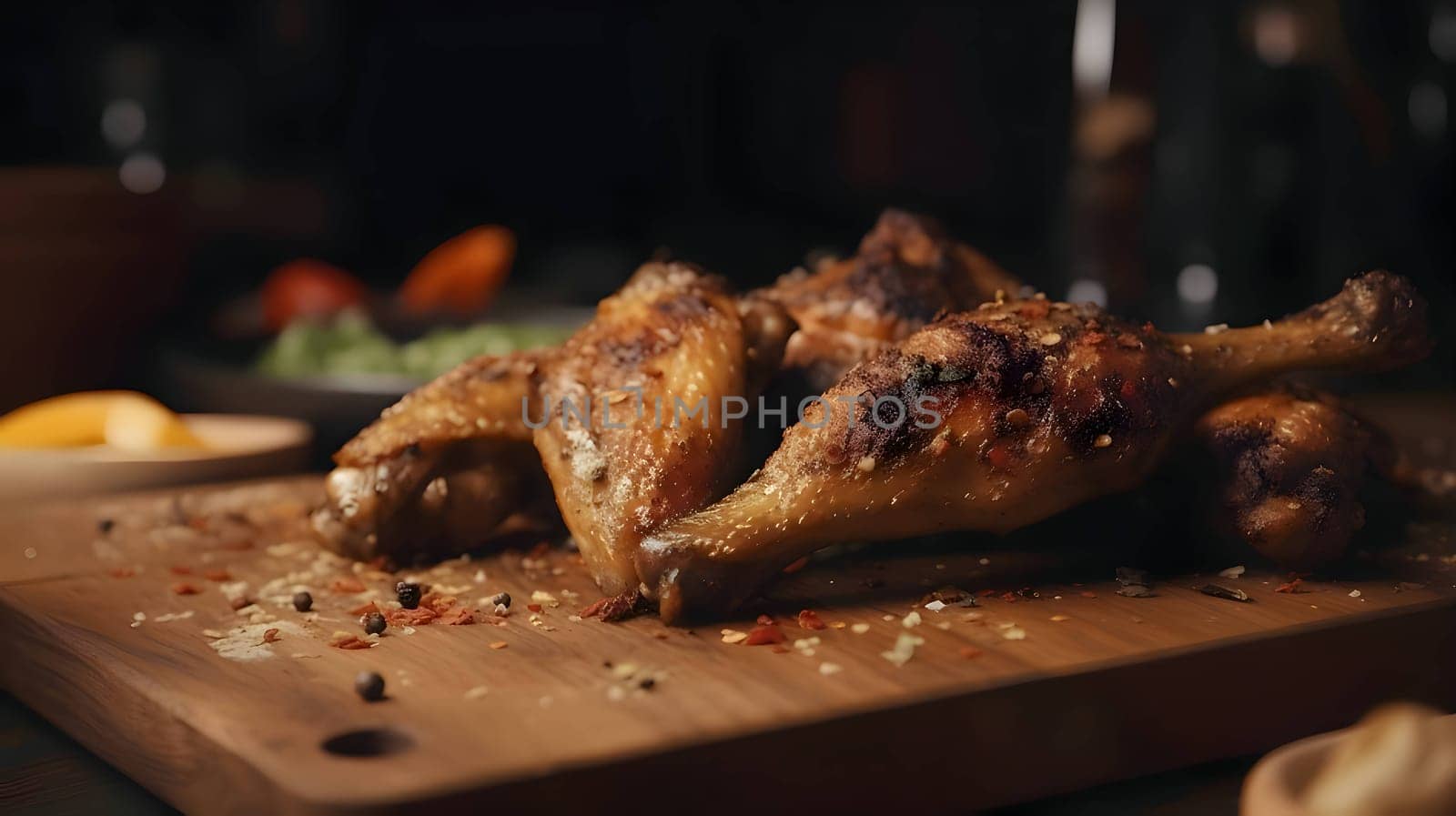 Grilled chicken wings on the grill, showcasing succulent roasted chicken with aromatic rosemary, and perfectly baked chicken thighs, promising a mouthwatering culinary experience.