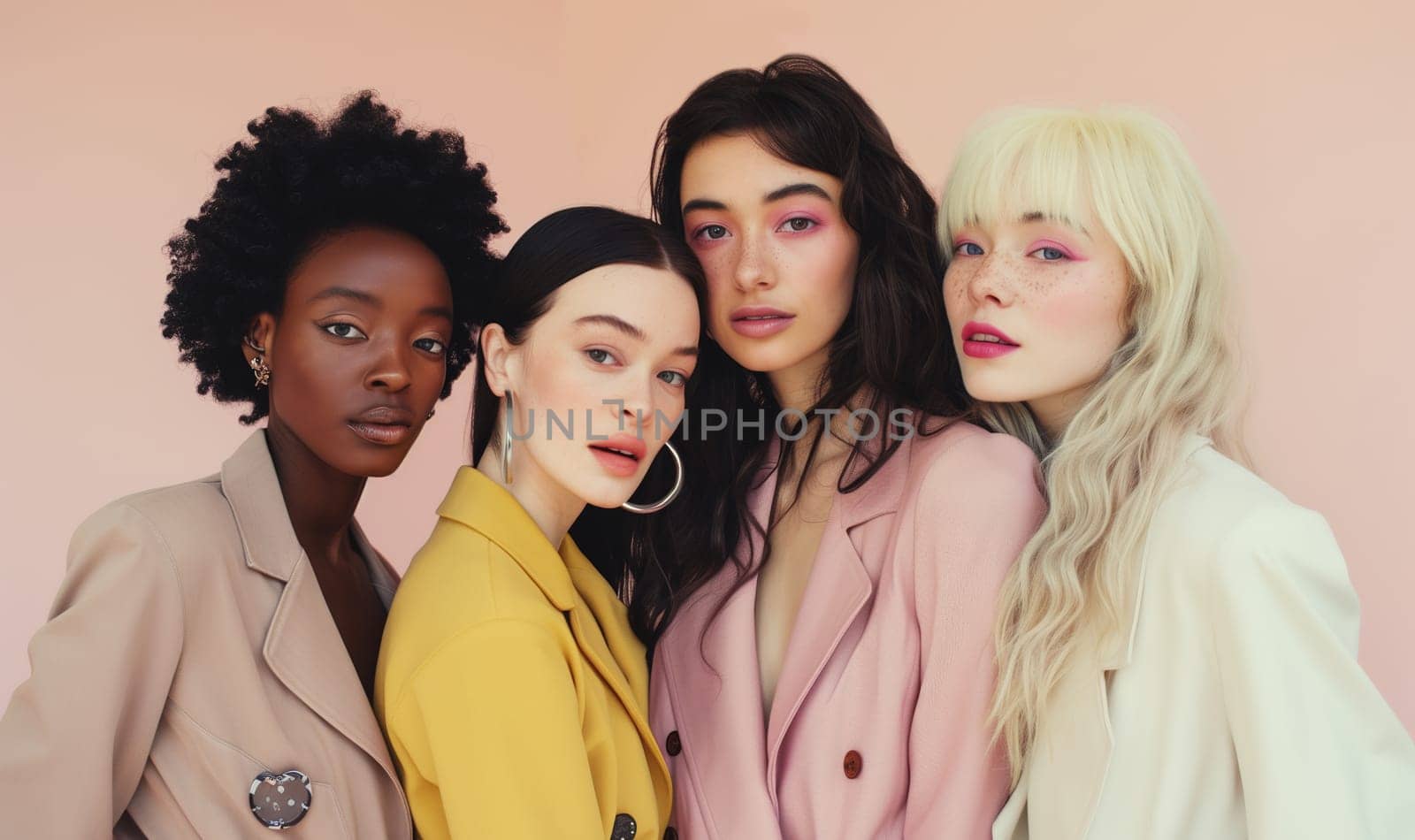 Group of beautiful stylish multiethnic young women together, four diverse models posing on soft pastel studio background