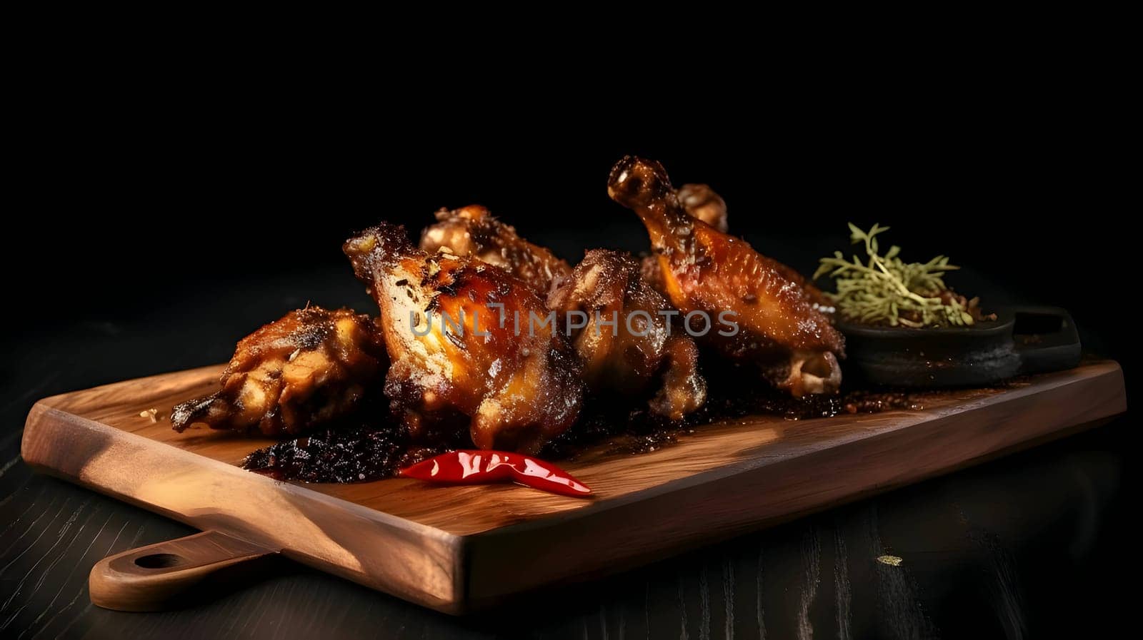 Grilled chicken wings on grill roasted chicken with rosemary baked chicken thighs on wooden board by ThemesS