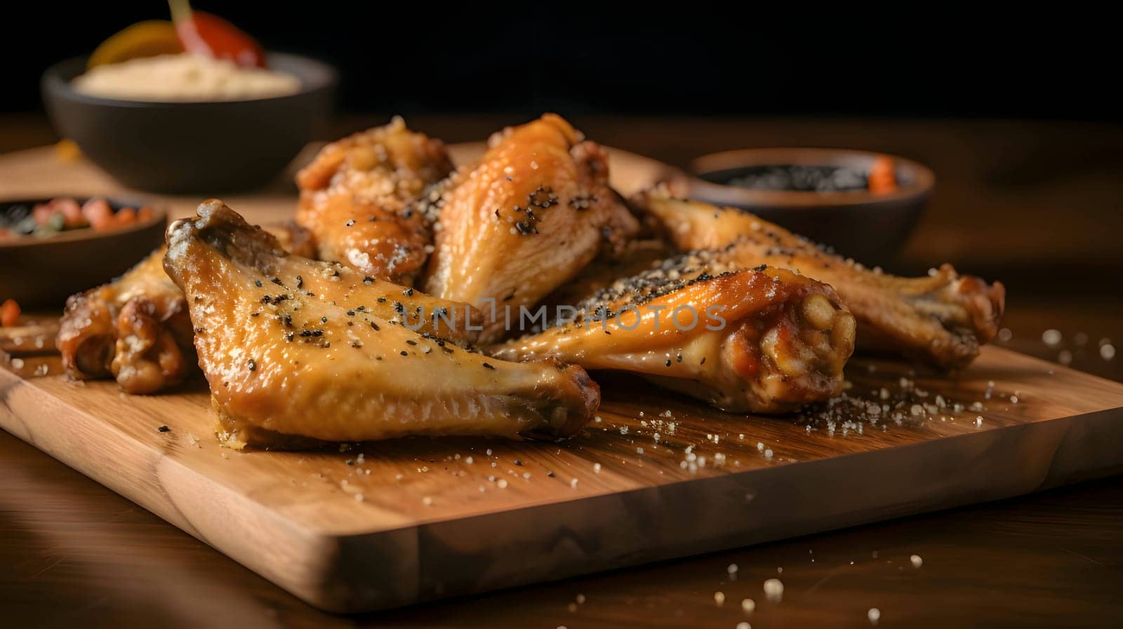 Grilled chicken wings on grill roasted chicken with rosemary baked chicken thighs on wooden board by ThemesS