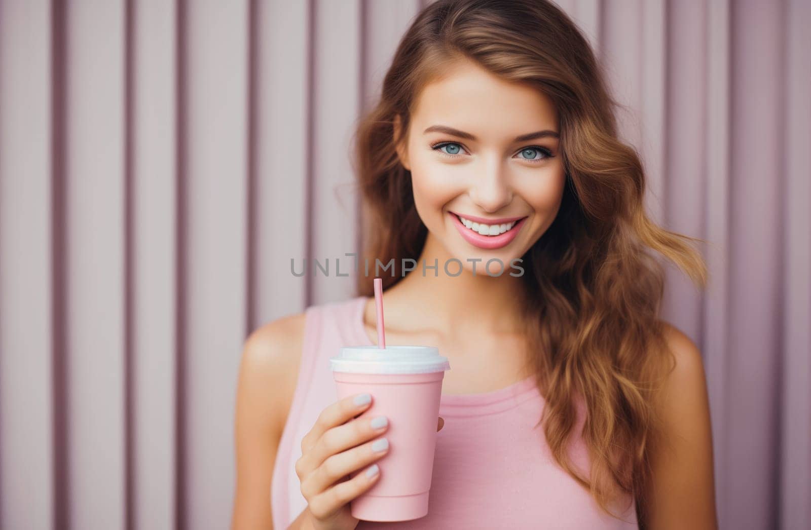 Portrait of happy young healthy woman with cup of fresh pink smoothie drink with berries, nutrition and diet concept