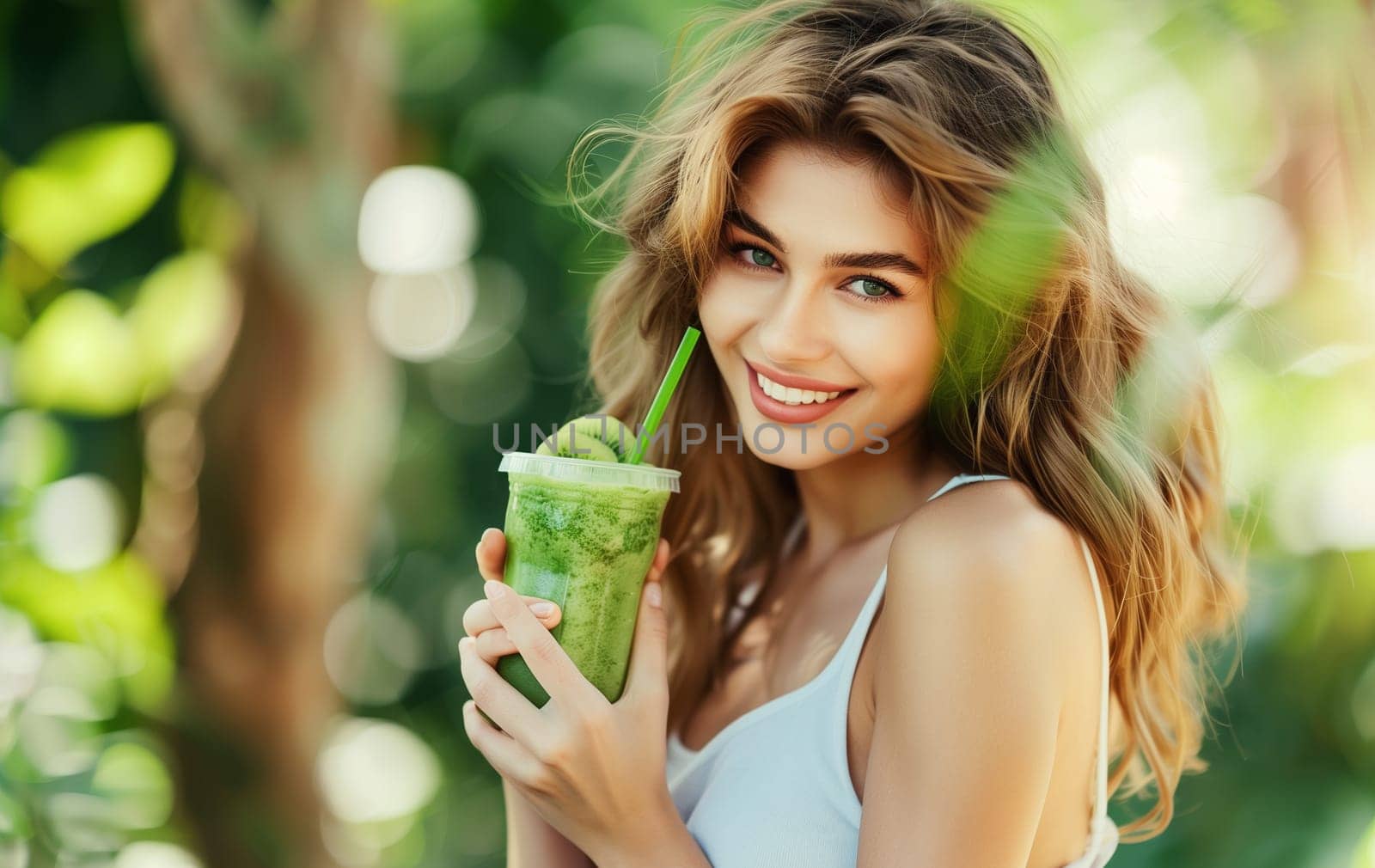 Portrait of happy young healthy woman with cup of fresh green smoothie drink, nutrition and diet concept