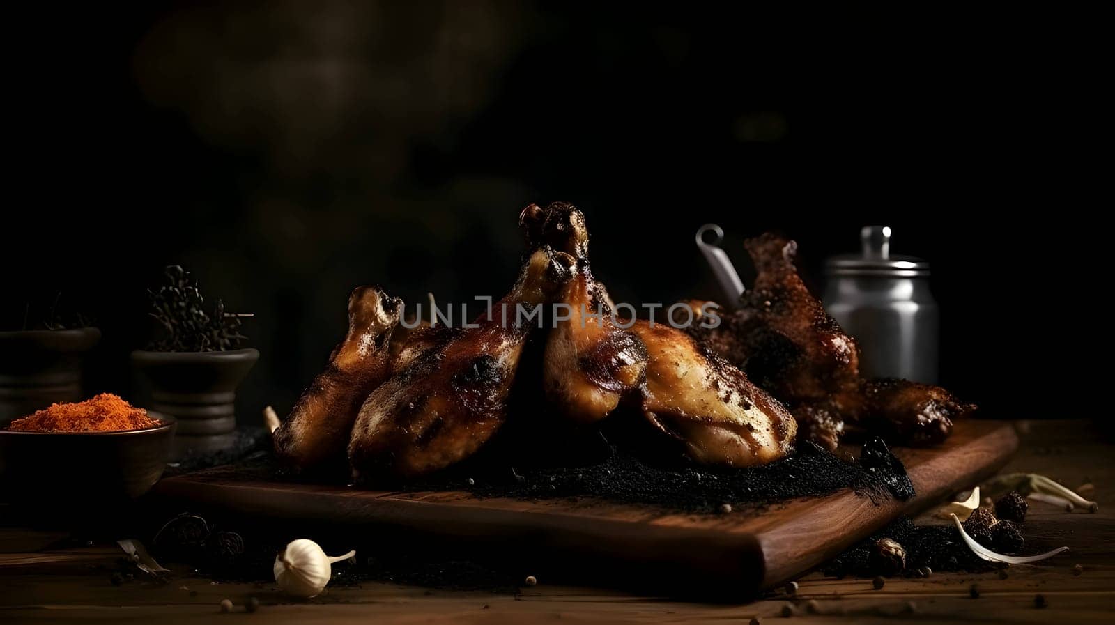 Grilled chicken wings on the grill, showcasing succulent roasted chicken with aromatic rosemary, and perfectly baked chicken thighs, promising a mouthwatering culinary experience.