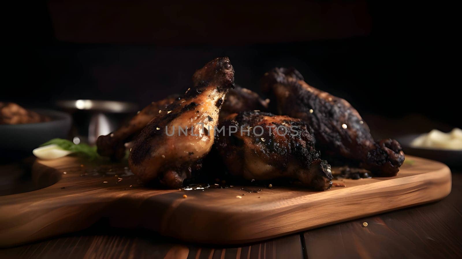 Grilled chicken wings on grill roasted chicken with rosemary baked chicken thighs on wooden board by ThemesS