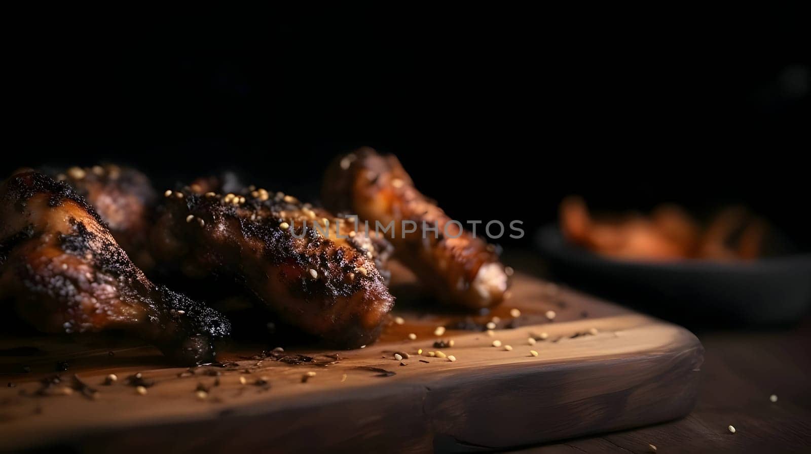 Grilled chicken wings on grill roasted chicken with rosemary baked chicken thighs on wooden board by ThemesS