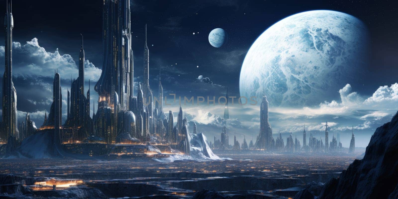 Alien cityscape sprawling across a lunar surface, with towering structures, bioluminescent pathways and unique architectural designs