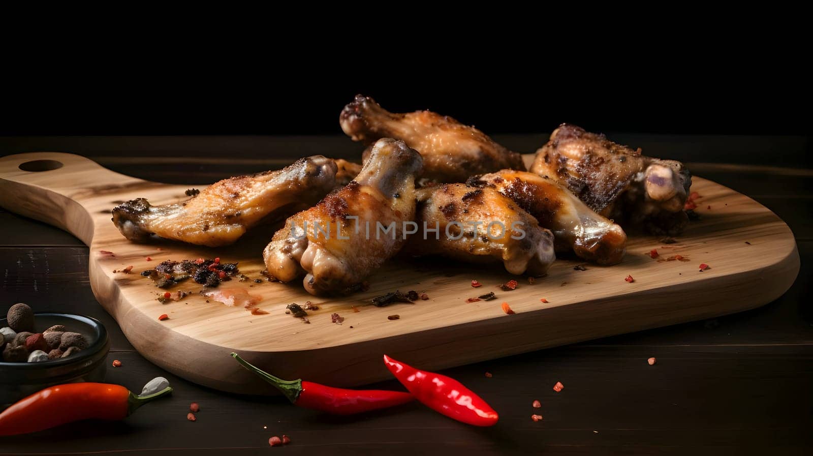 Grilled chicken wings on the grill, showcasing succulent roasted chicken with aromatic rosemary, and perfectly baked chicken thighs, promising a mouthwatering culinary experience.