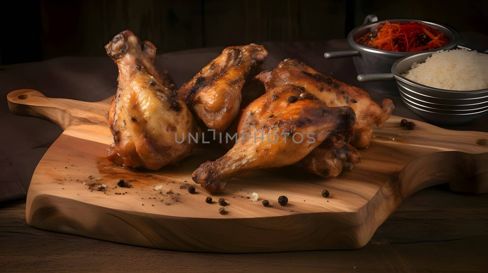 Grilled chicken wings on the grill, showcasing succulent roasted chicken with aromatic rosemary, and perfectly baked chicken thighs, promising a mouthwatering culinary experience.