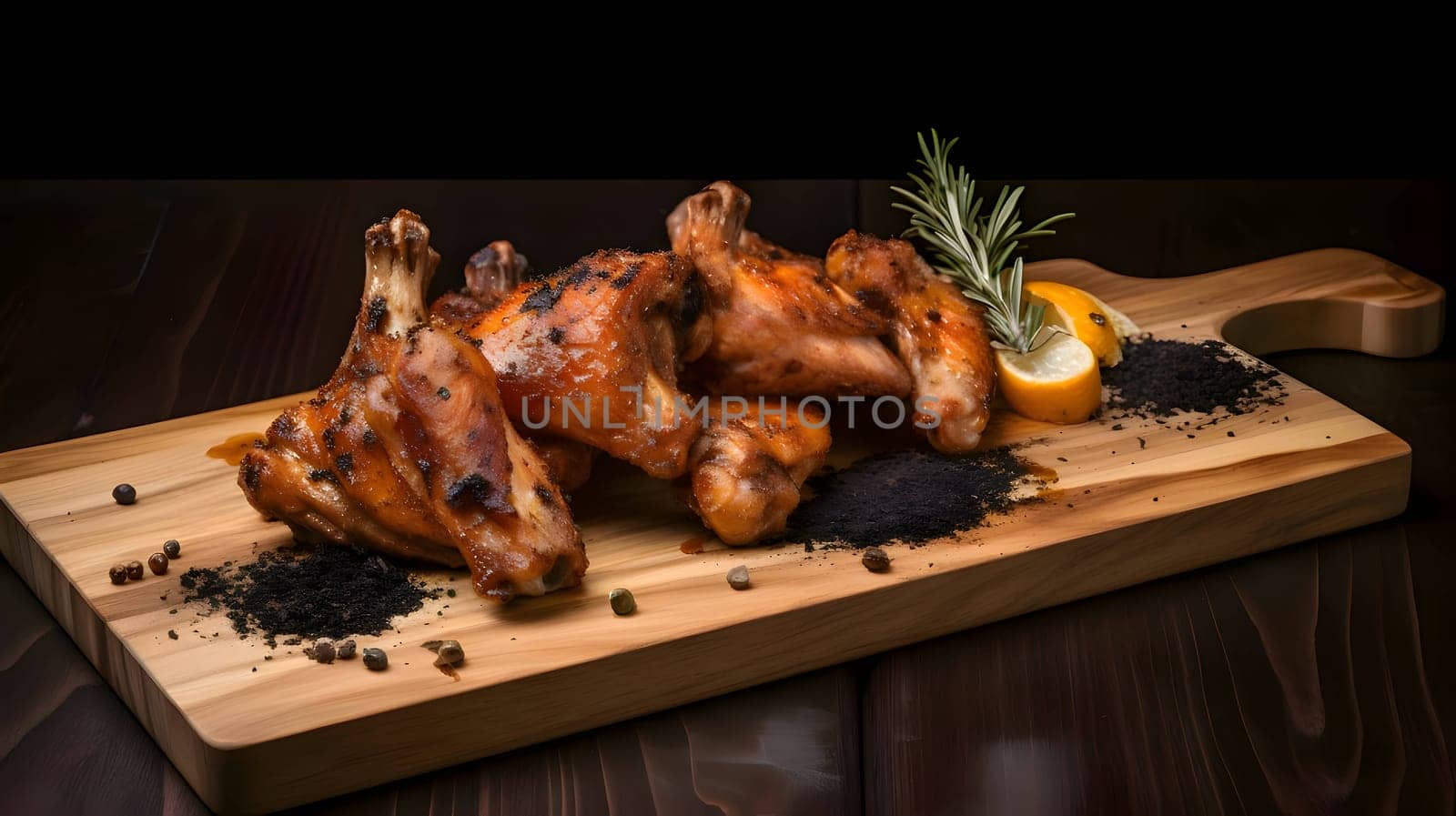 Grilled chicken wings on the grill, showcasing succulent roasted chicken with aromatic rosemary, and perfectly baked chicken thighs, promising a mouthwatering culinary experience.