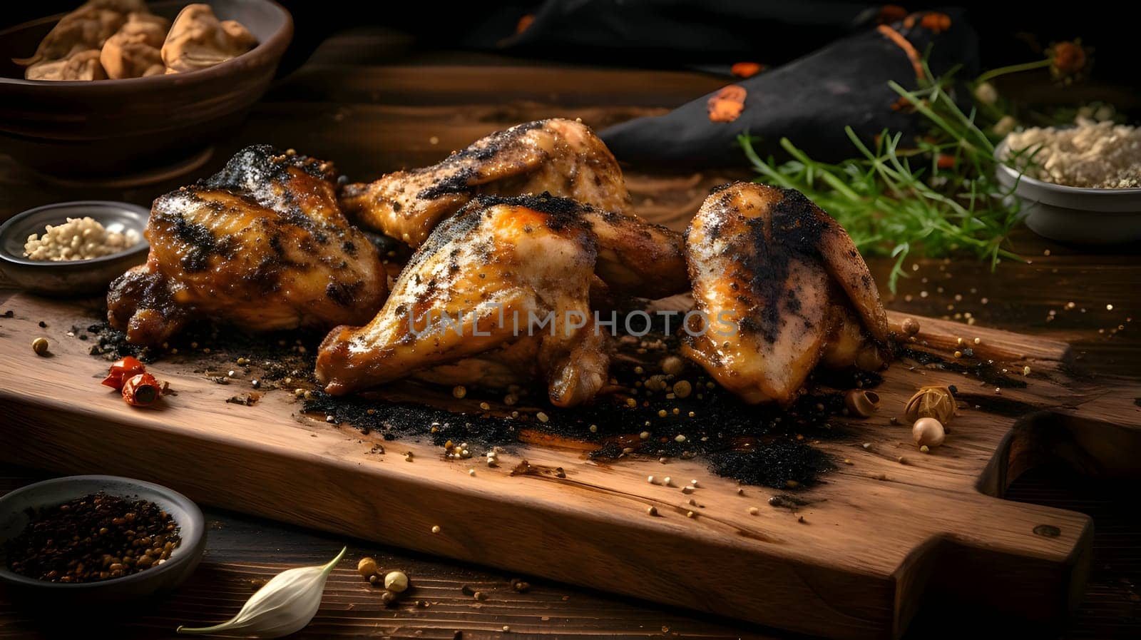 Grilled chicken wings on the grill, showcasing succulent roasted chicken with aromatic rosemary, and perfectly baked chicken thighs, promising a mouthwatering culinary experience.