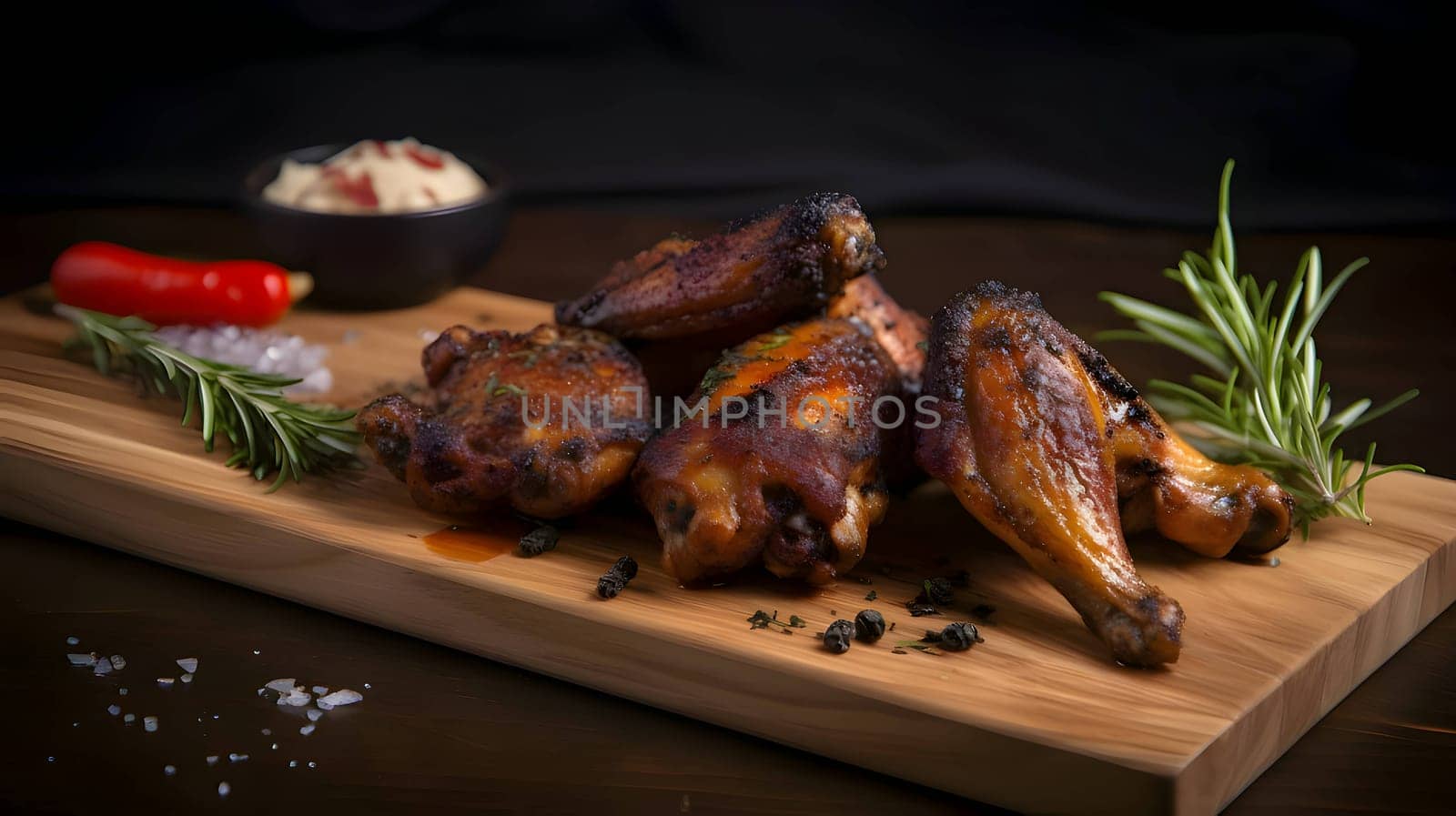 Grilled chicken wings on grill roasted chicken with rosemary baked chicken thighs on wooden board by ThemesS