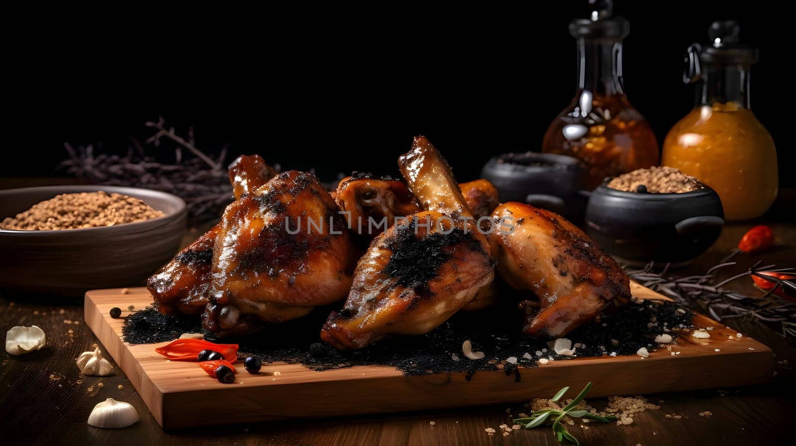 Grilled chicken wings on the grill, showcasing succulent roasted chicken with aromatic rosemary, and perfectly baked chicken thighs, promising a mouthwatering culinary experience.