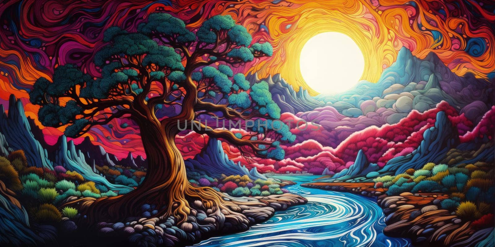 A hyper-realistic depiction of nature in a hydrodip style, where trees, mountains, and rivers are intricately painted with swirling patterns and vibrant colors