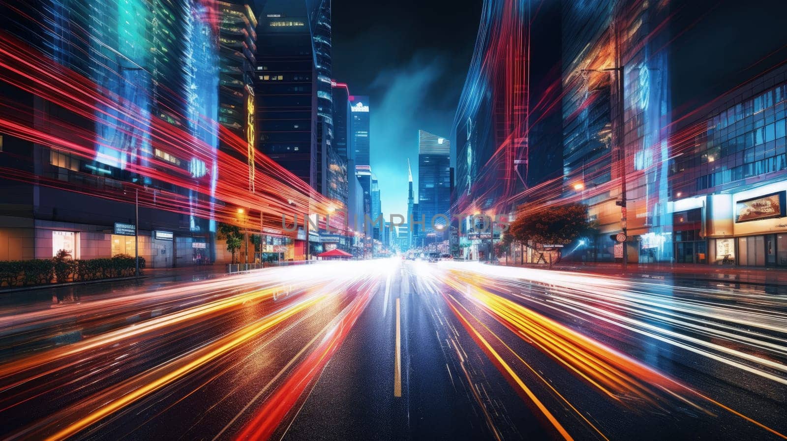 A dynamic night scene capturing city traffic with streaks of light-painting, the bustling streets aglow with vibrant hues of car lights