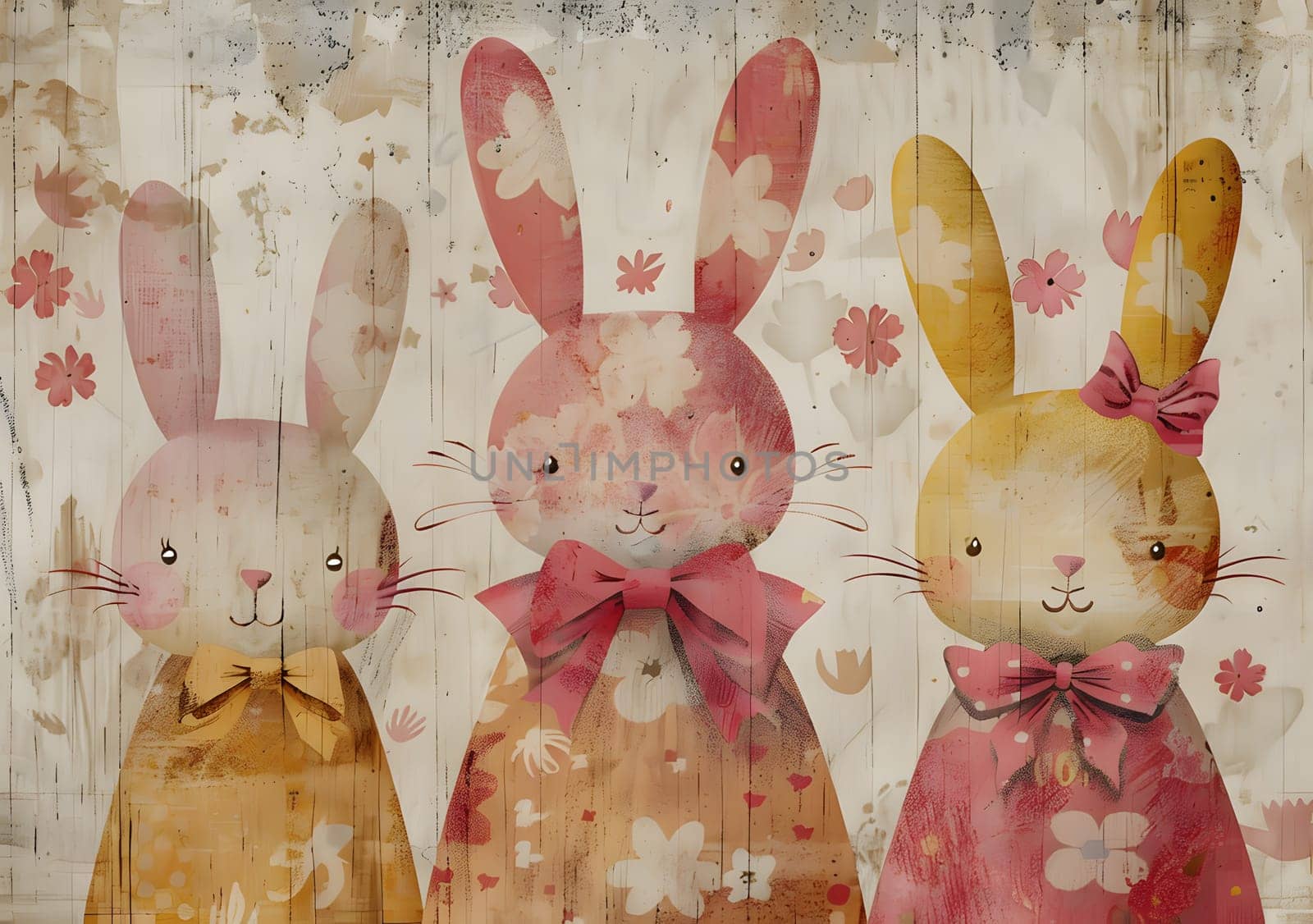 Three rabbits with bows on their heads in pink, fawn, and magenta standing next to each other. This creative arts display features a unique pattern showcasing rabbits and hares