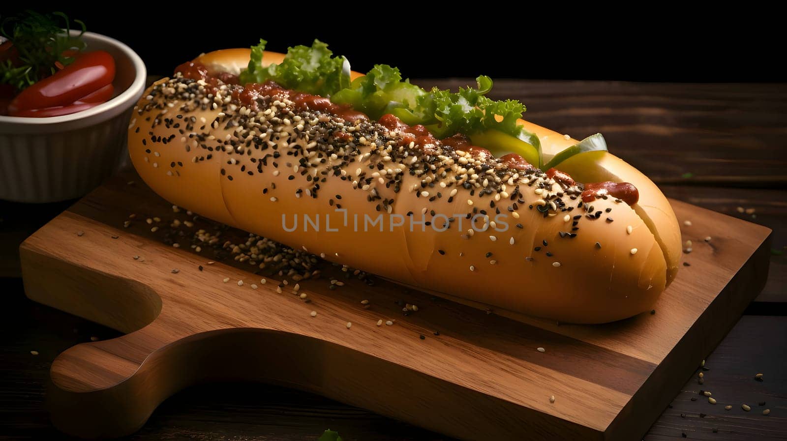 A hot dog adorned with mustard, ketchup, cucumber, and tomato is presented on a wooden kitchen board, offering a classic and appetizing snack.