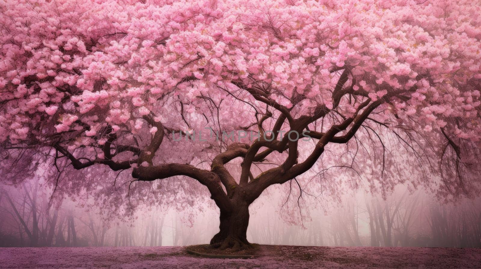 A magnificent cherry blossom tree in full bloom, its branches adorned with an abundance of delicate pink flowers