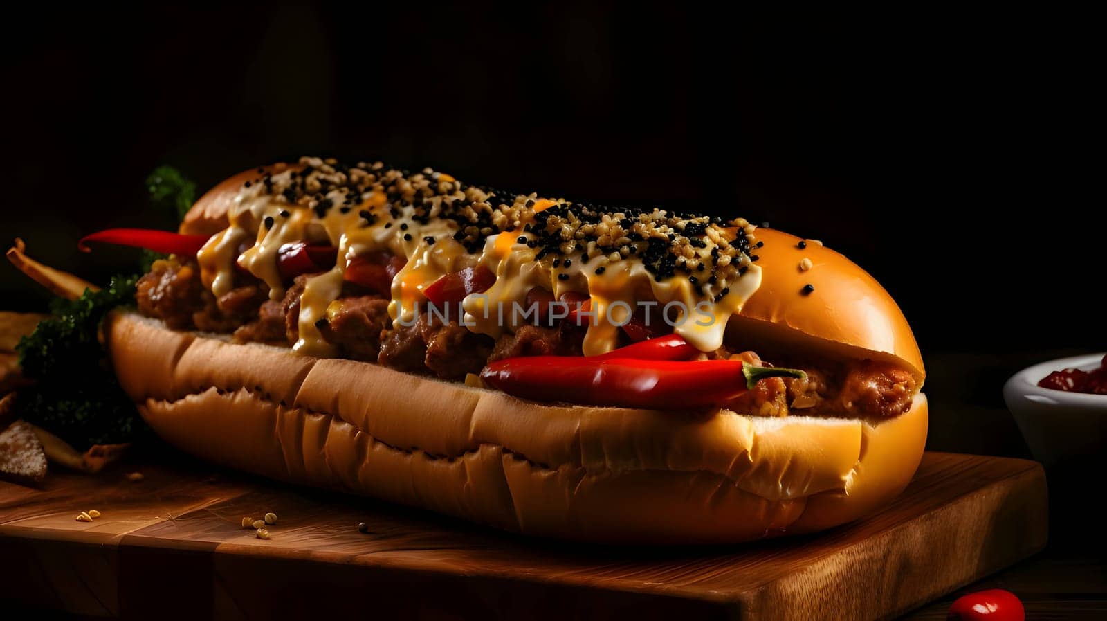 A hot dog adorned with mustard, ketchup, cucumber, and tomato is presented on a wooden kitchen board, offering a classic and appetizing snack.