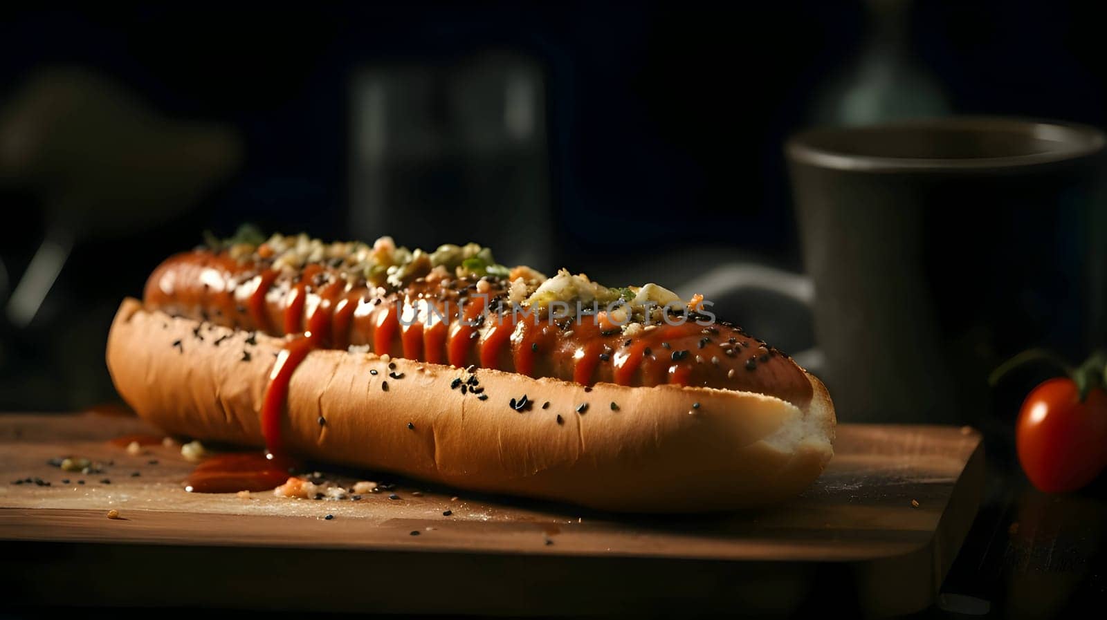 A hot dog adorned with mustard, ketchup, cucumber, and tomato is presented on a wooden kitchen board, offering a classic and appetizing snack.