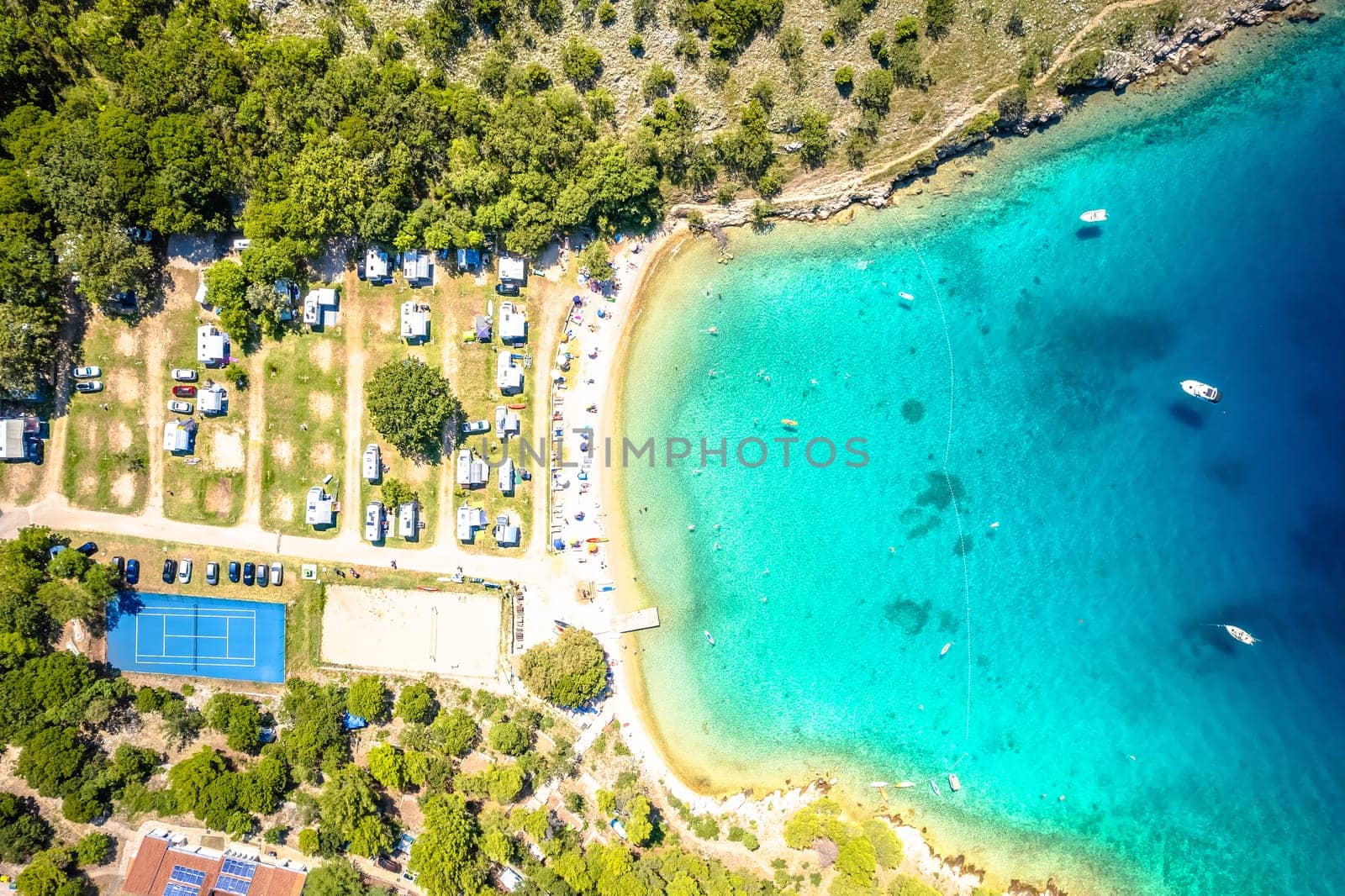 Camping by the idyllic turquoise beach in Punat, island of Krk, archipelago of Croatia