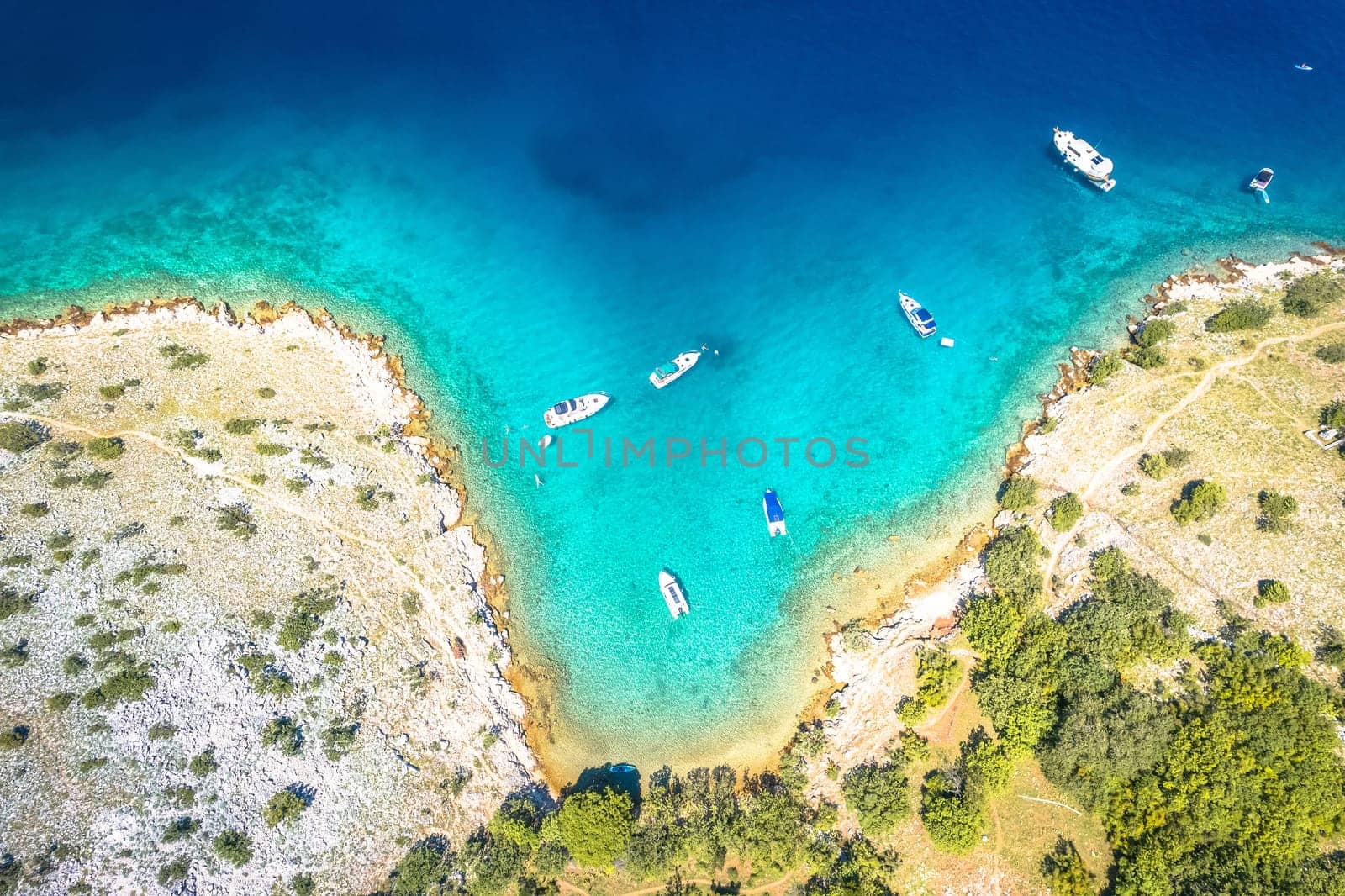 Secret turquoise beach yachting and sailing aerial view, Island of Krk , archipelago of Croatia
