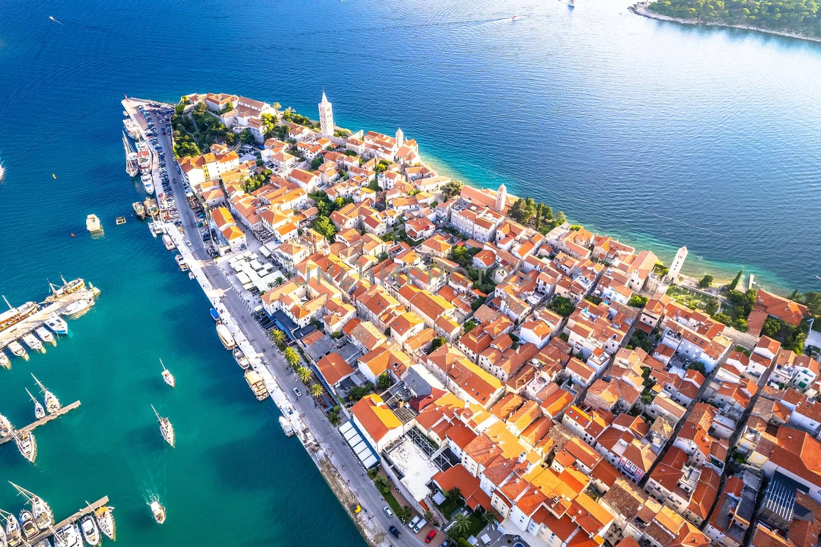 Historic town of Rab aerial view, Island of Rab, archipelago of Croatia