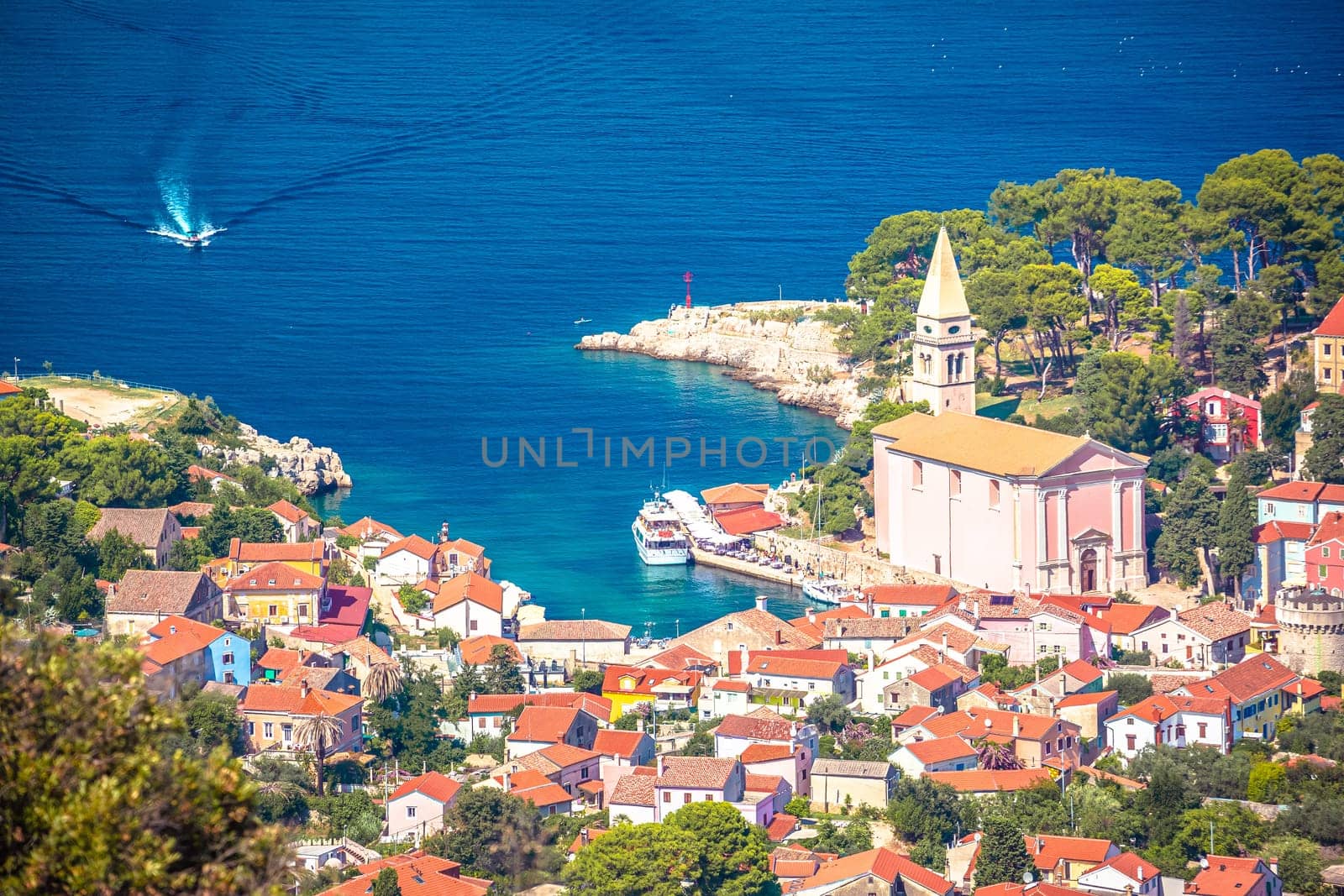 Veli losinj panoramic aerial view, Island of Losinj, archipelago of Croatia