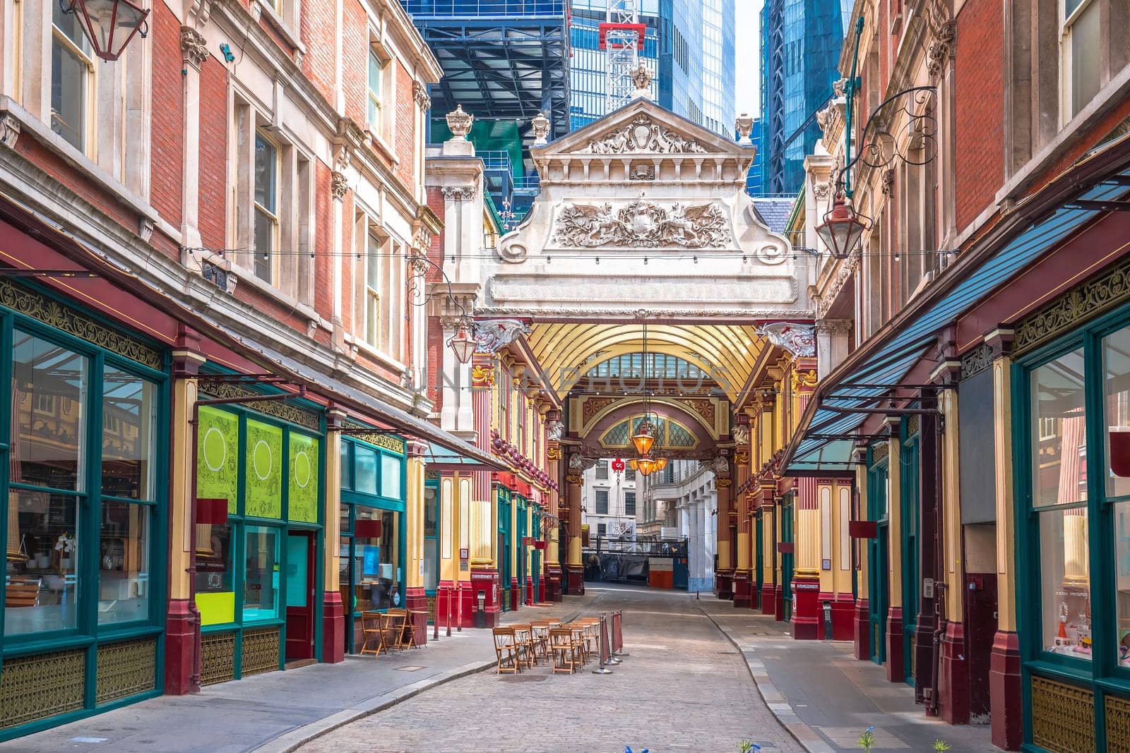 Leadenhall Market in London City colorful historic architecture view, capital of United Kingdom